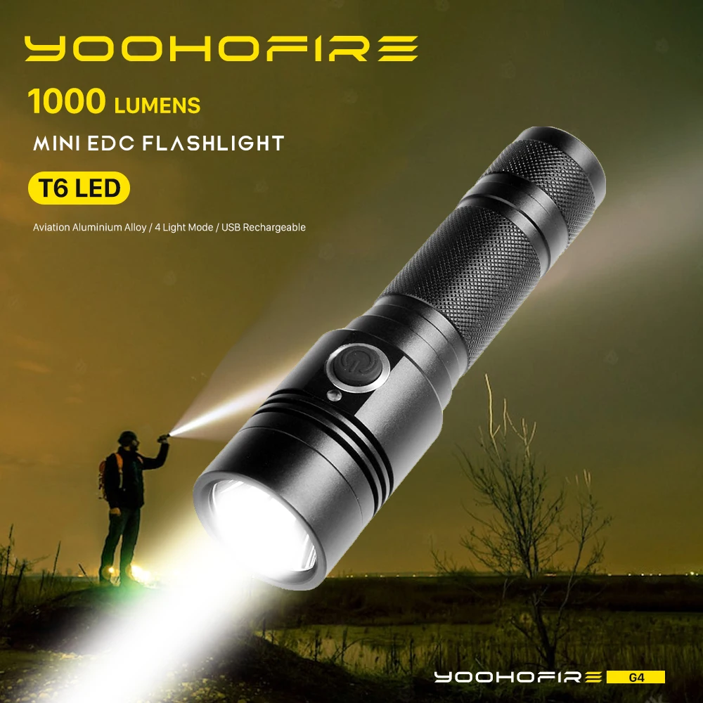 YoohoFire G4 LED Mini Flashlight USB Rechargeable T6 Lamp Wick Pocket Portable Powerful Torch Camping Emergency Outdoor Lighting