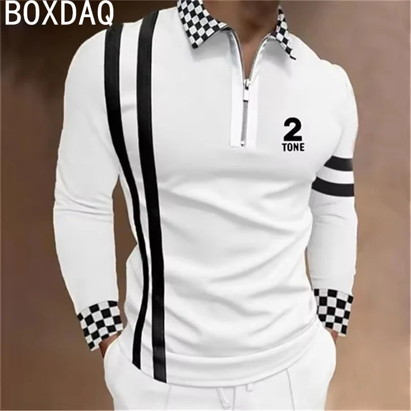 2025 Spring Men's New Polo Shirt Basic Simple Style Shirts 3D Plaid Stripe Printed Long Sleeve Lapel Blouse Plus Size Men Polos