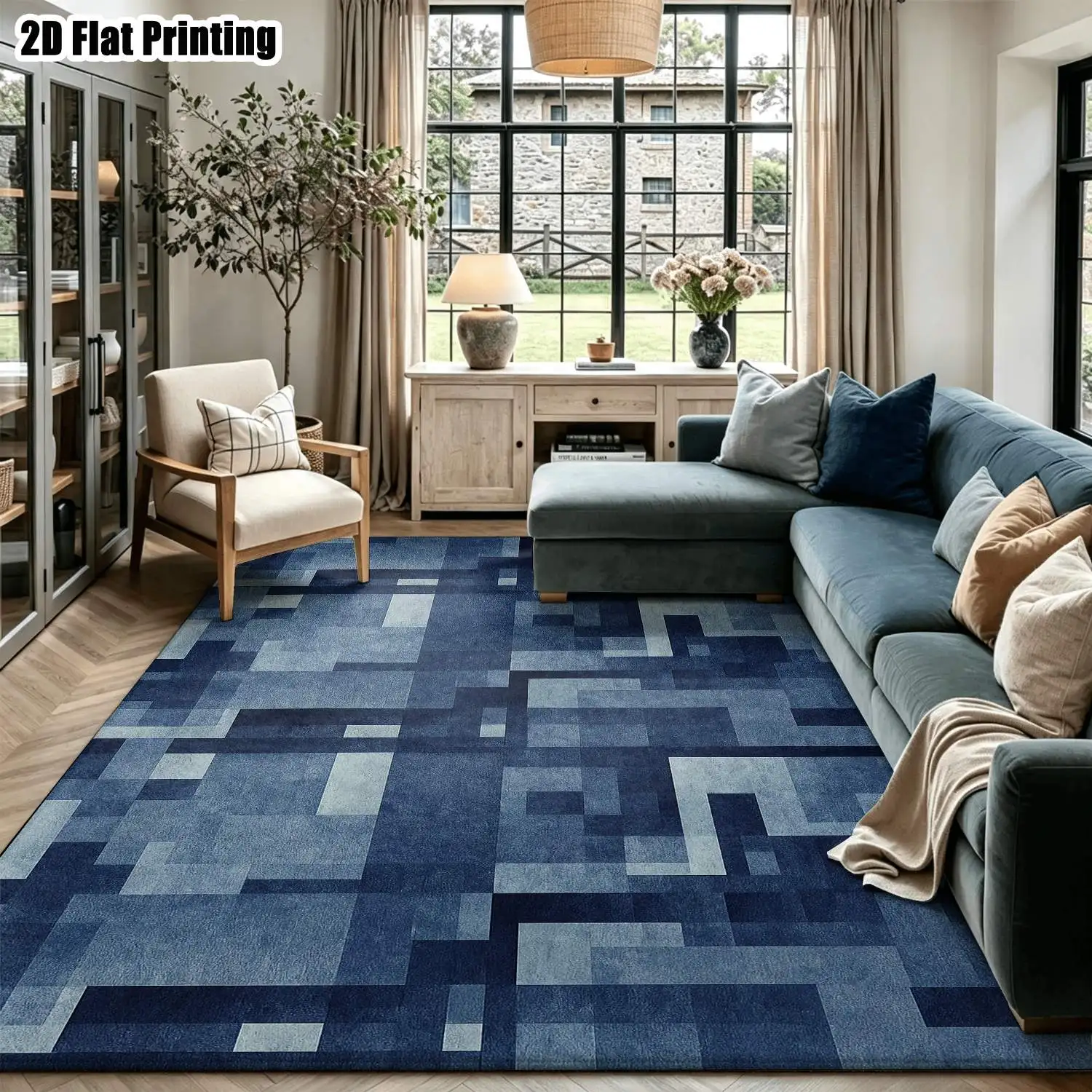 1Pc 2D Printed Carpet: Blue-Grey Geometric Square Pattern, Nordic/Modern Minimalist/Instagram/European Style, Home Decor, Multi-Size, Machine Washable, for Entrance, Living Room, Bedroom, Dining Room, Study