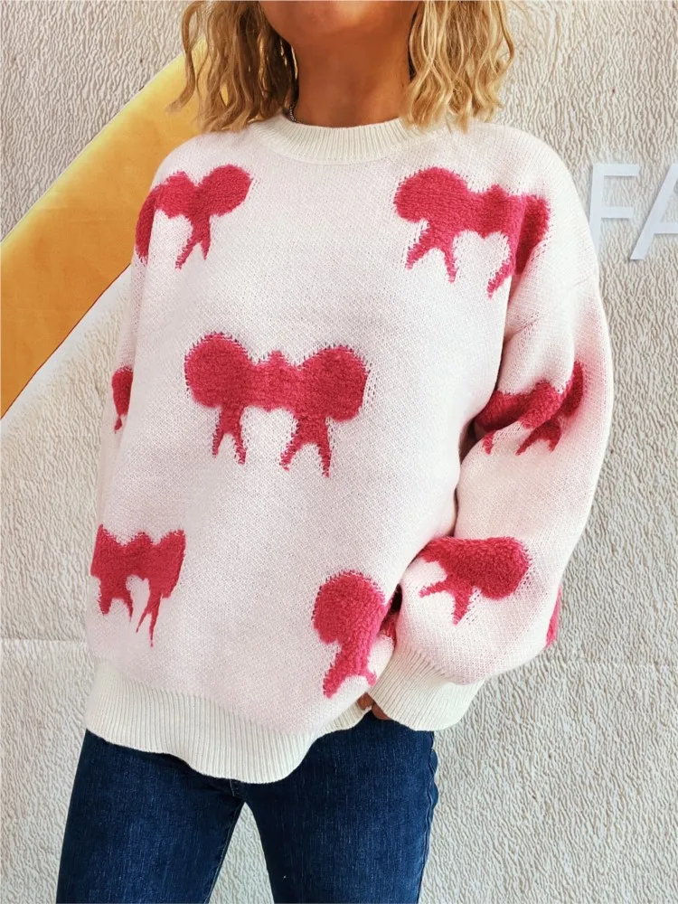 

Color block bow knitted pullover round neck casual fashion women's sweater winter clothes woman pulls femmes Comfortable Trendy