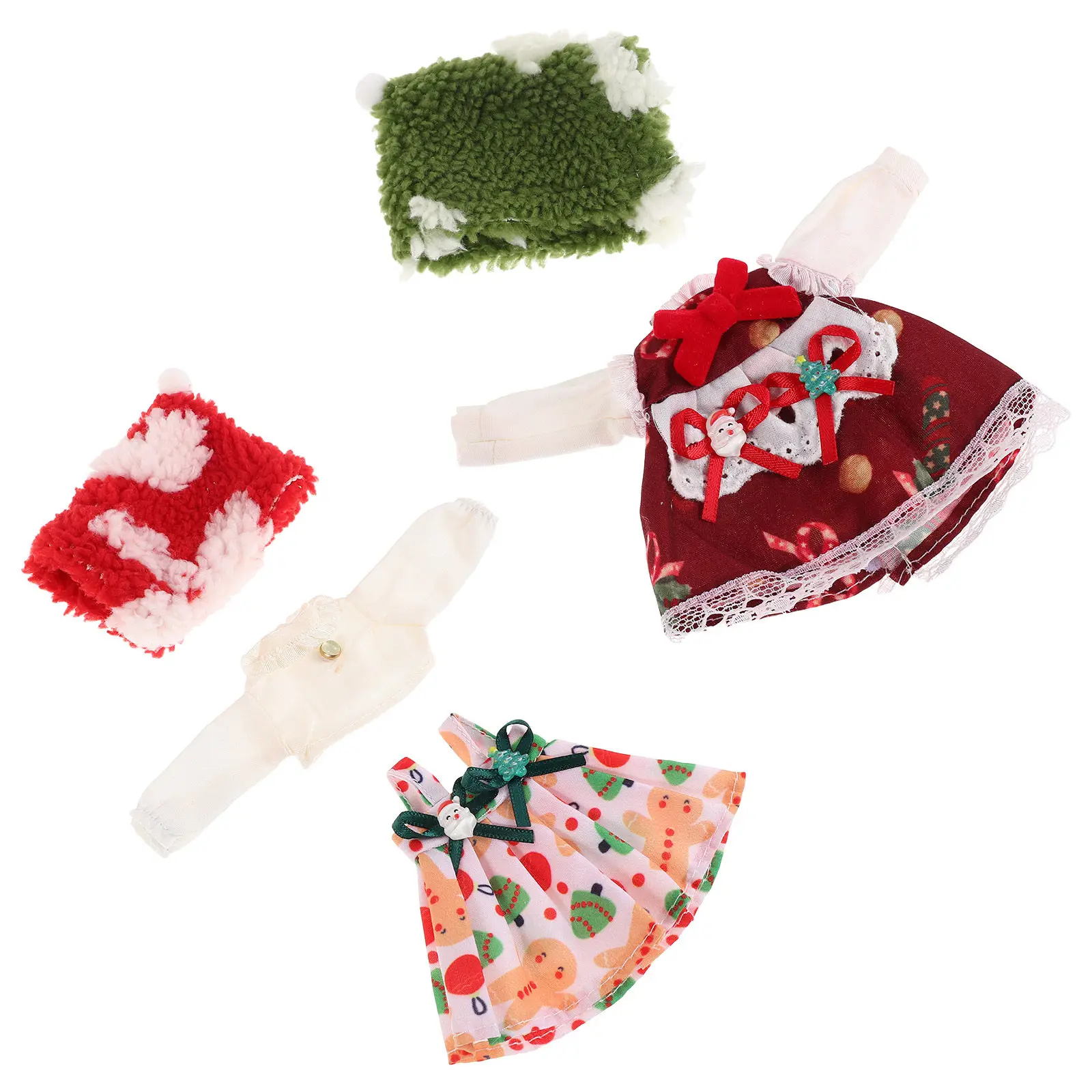 2 set Christmas Clothes For 1/12 Bjd 16-17Cm Santa Outfit Red Green Knitted Dress Hat Holiday Costume Winter Dress Up