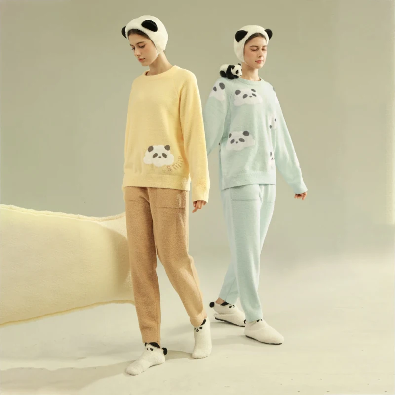SUJIIN Women\'s Cute Pajamas Sets Autumn Winter Panda Graphic Sleepwear for Women Men Couple Nightwear Suit Home Clothes SH001