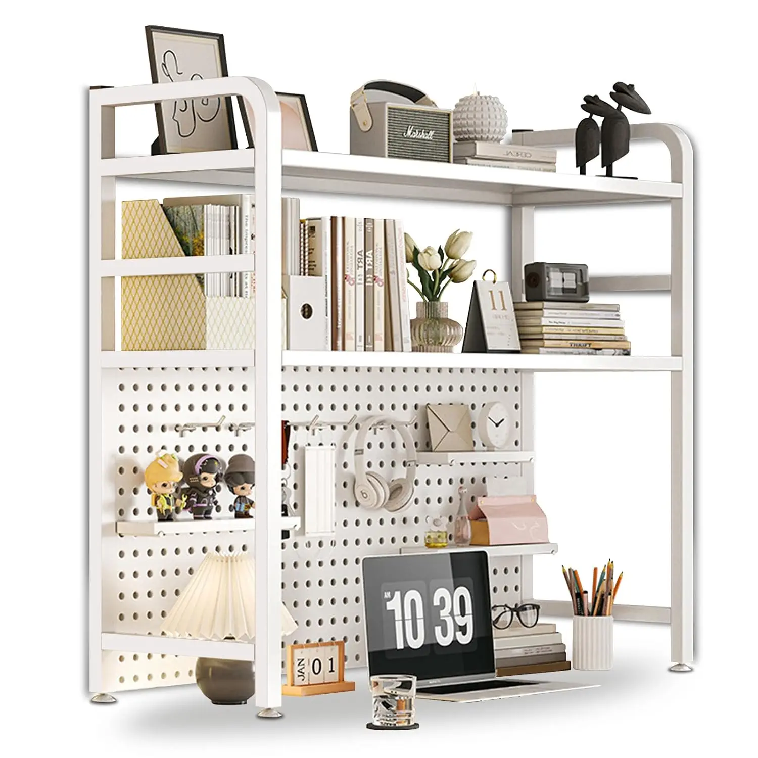 2-Layer Metal Desktop Bookshelf & Hutch, Multipurpose Office Supplies Organizer, Wrought Iron Computer Shelf, White, Customized