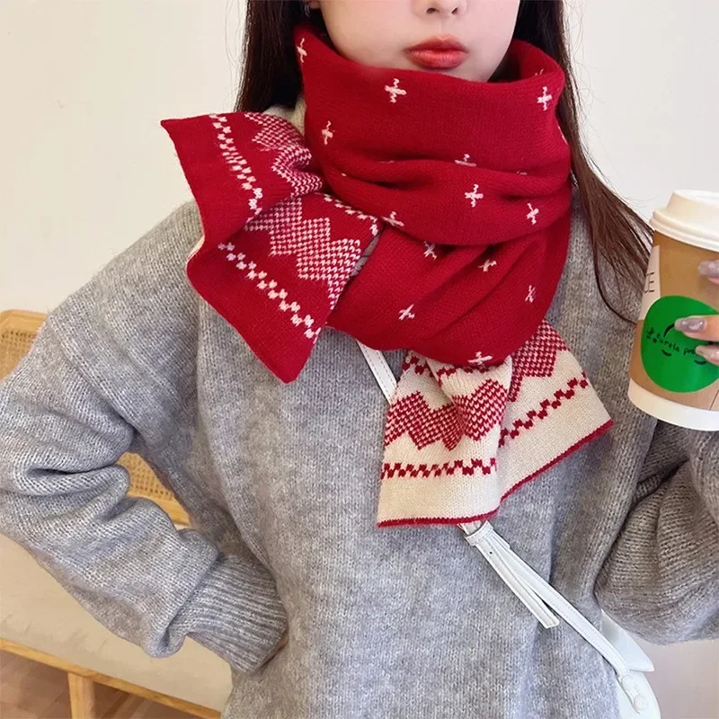 Knitted Big Christmas Scarf Winter Thicken Double-sided Warm Deer Elk Snowflake Printed Shawl Women Men Fashion Neckerchiefs