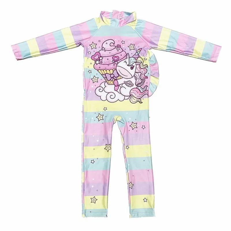 Kids Wet suit Long Sleeve Surfing Suit Rainbow Star Unicorn Diving Snorkeling Swimming Jumpsuit  Dive Swimwear Girls With Cap