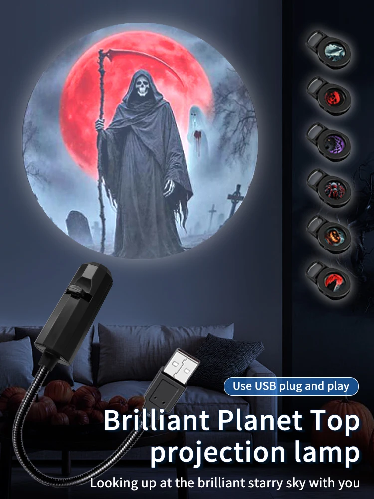 Lampe Led lune d'halloween, projecteur USB, veilleuse, ornements de vacances de noël pour plafond, mur, atmosphère, lumière d'ambiance réglable