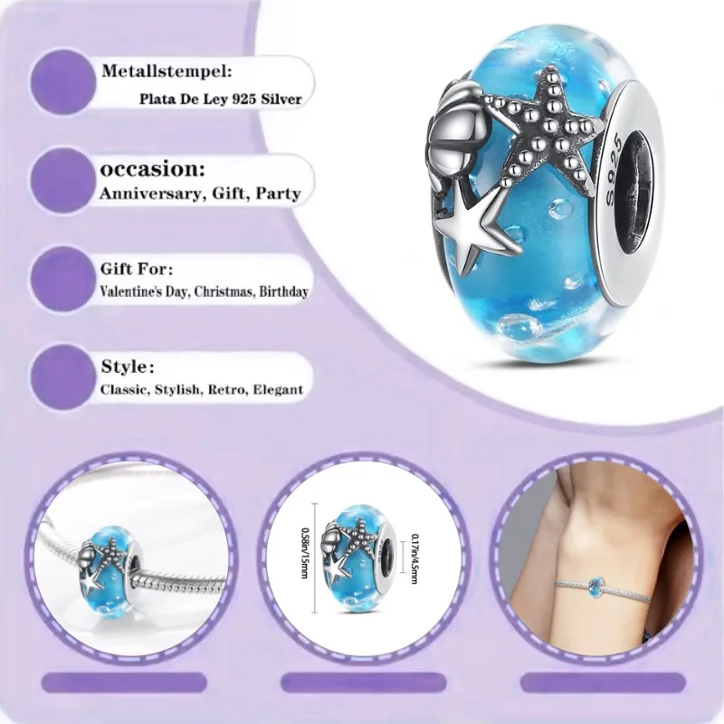 

Новый кулон из серебра 925 пробы 2025 года, оригинальный браслет с бусинами из океанского синего стекла из Чжухая, украшения своими руками, подарок на день рождения