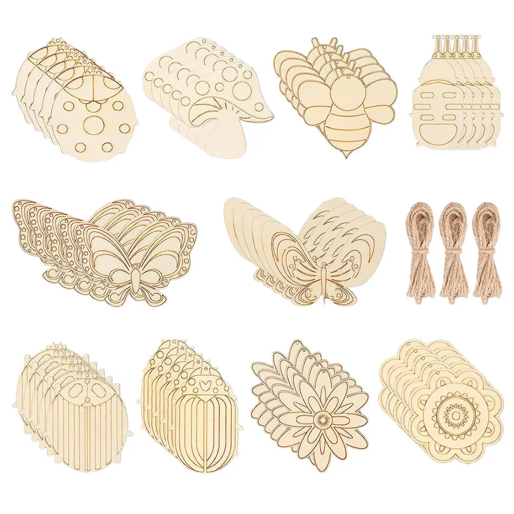 Juego de 60 recortes láser de madera, rodajas sin terminar para manualidades Diy, suministros para manualidades, astillas de madera en blanco, recortes de madera de Graffiti, manualidades Diy