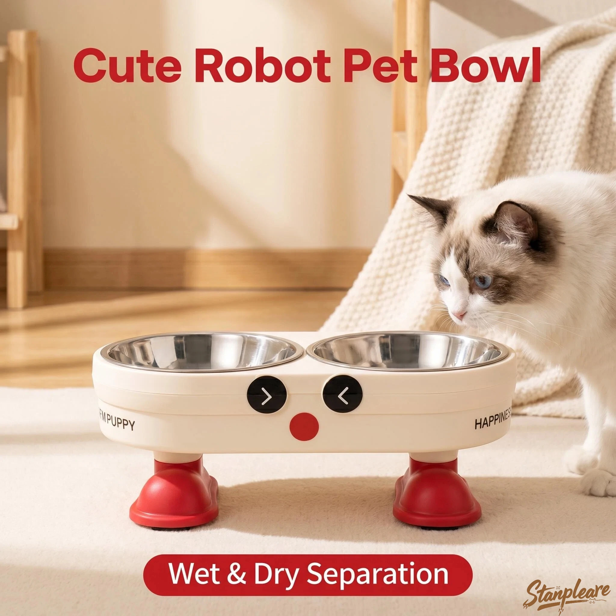 Cute Robot Elevated Pet Bowl Double Stainless Steel Cat Dog Food Water Feeder Anti-Slip Spine Protection Wet Dry Dish