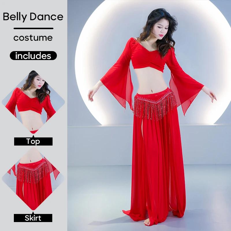 

Для взрослых женщин костюм для танца живота с двойным разрезом сексуальный комплект из 2 предметов юбка и верхний наряд для сценического танцевального костюма