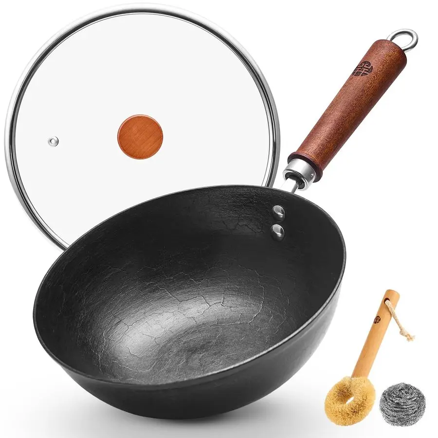 

9.5 Inch Cast Iron Wok with Glass Lid Small Flat Bottom Stir Fry Pan with Wooden Handle, NonCoated Cookware for Gas amp Open Fla
