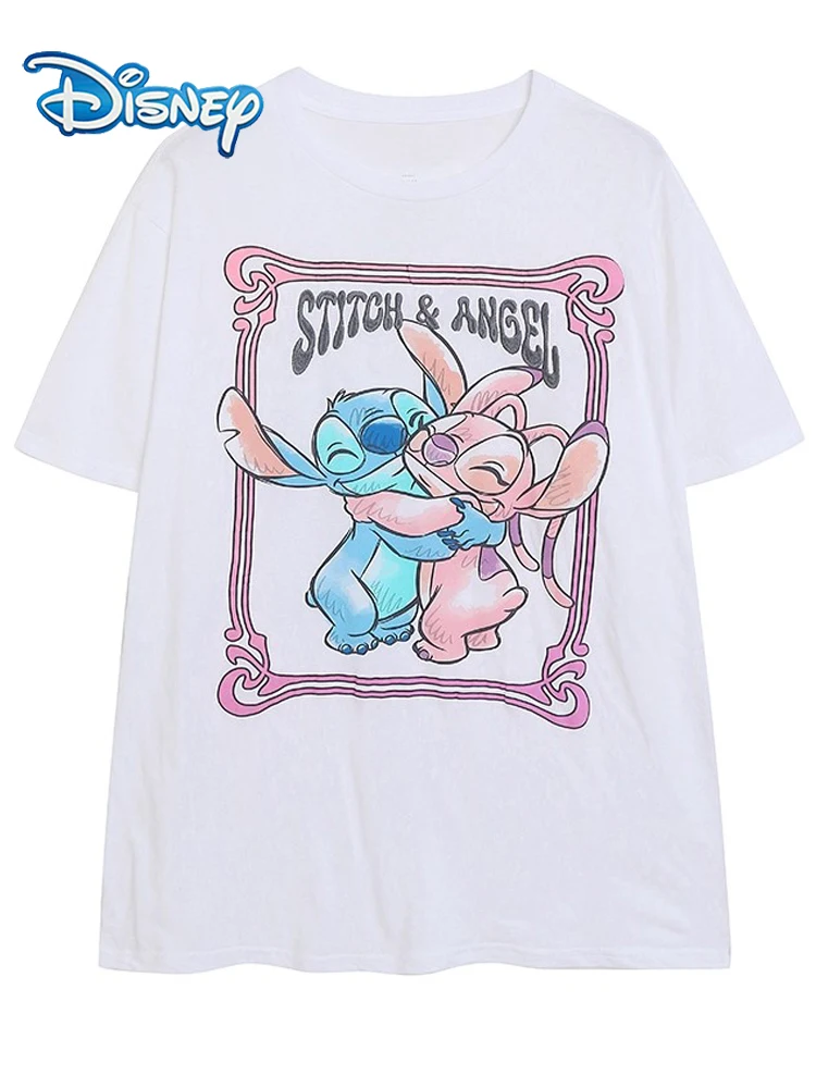 

Disney Stitch Little Monster Angel Cartoon Print Letter Embroidery T-Shirt Casual Women Short Sleeve O-Neck Pullover Tee Tops