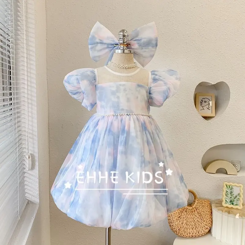Girls Birthday Dress Summer New Elegant Puff Sleeve Princess Gown Kids Luxury Tulle Ball Gown Party Pageant Dress