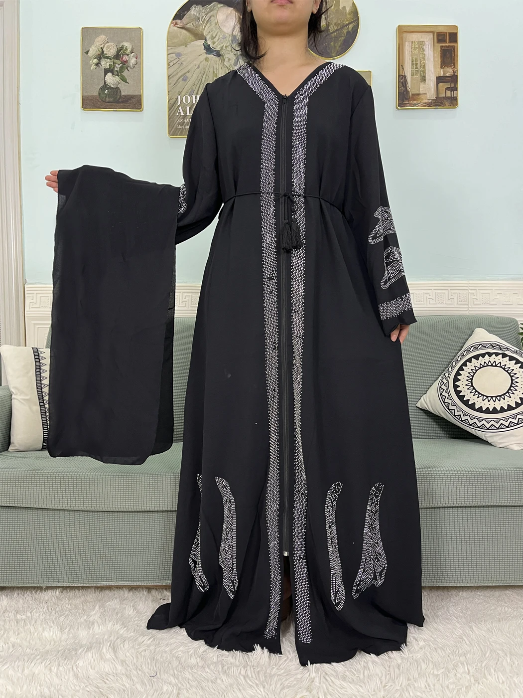 Muslim Open Abayas For Women 2024 Dubai V-neck Solid Color Diamond Studded Ramadan Long Sleeved Loose Fit Sets With Belt Turban