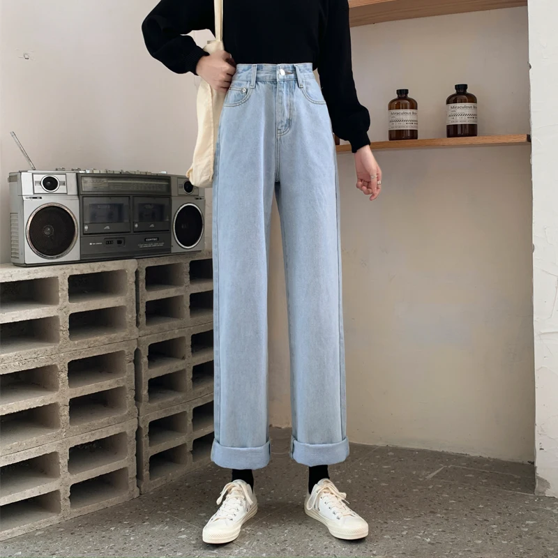 جينز نسائي عالي الخصر وواسع الساق فضفاض مناسب للصيف الجديد جينز عالي الخصر بالإضافة إلى حجم السراويل الطويلة المستقيمة