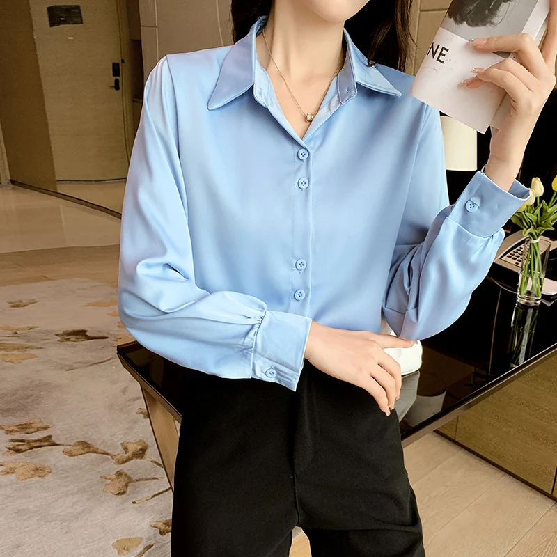 Chiffon Long-Sleeved Shirt Women\'s Spring Korean Fashion Top Temperament Long Sleeve Solid Single-Breaste Office Lady Blouse