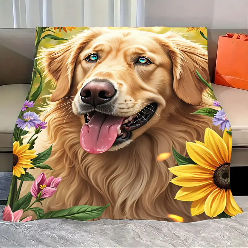 

1 шт. фланелевое одеяло Golden Retriever с подсолнухами, уютное одеяло для домашнего декора