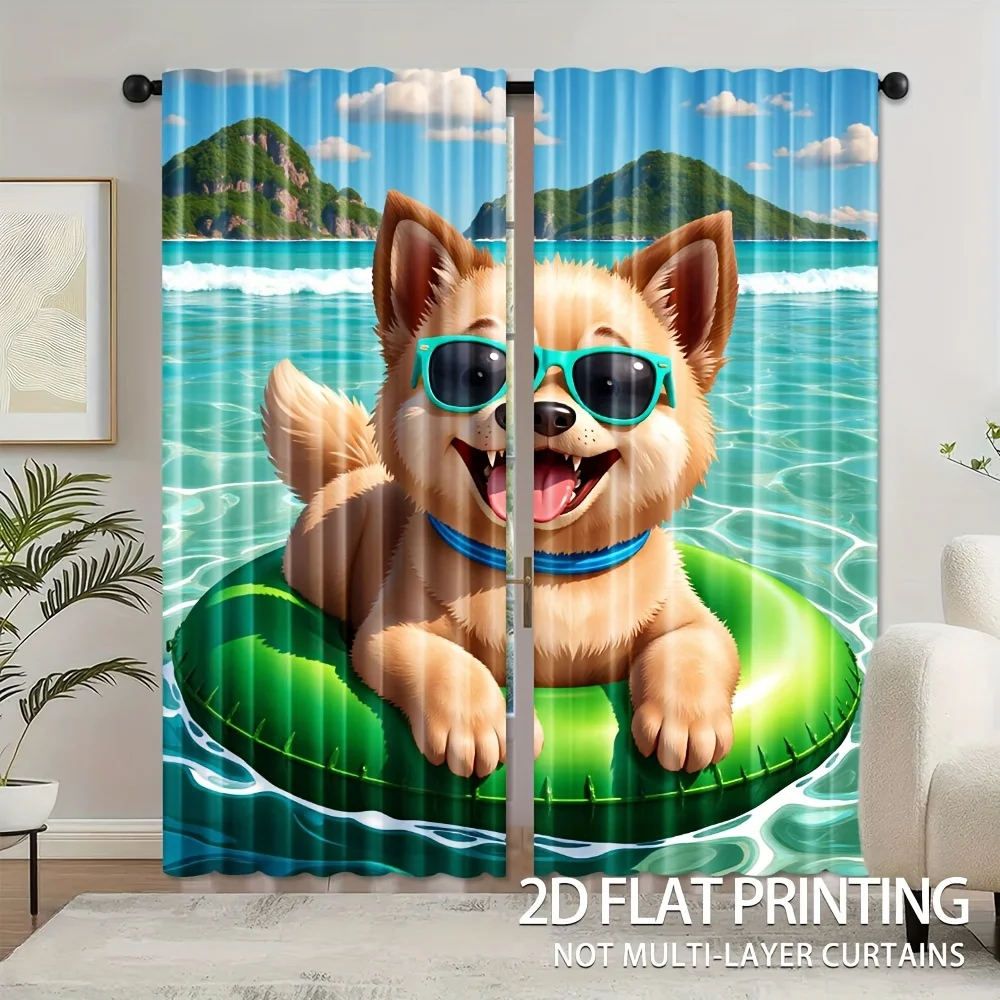 Summer Beach Pomeranian Rod Pocket Curtain Sunglass Puppy Float Ring Tropical Island Sea Print For Kids Bedroom Vacation Style