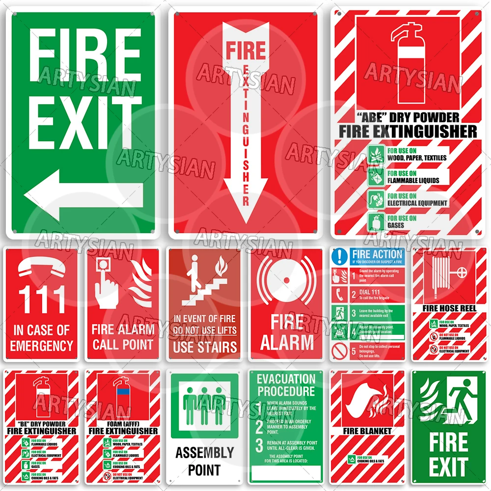 Fire Safety Metal Sign Assembly Point Fire Emergency Exit Evacuation Procedure Plaque Extinguisher Instructions Fire Hose Sign