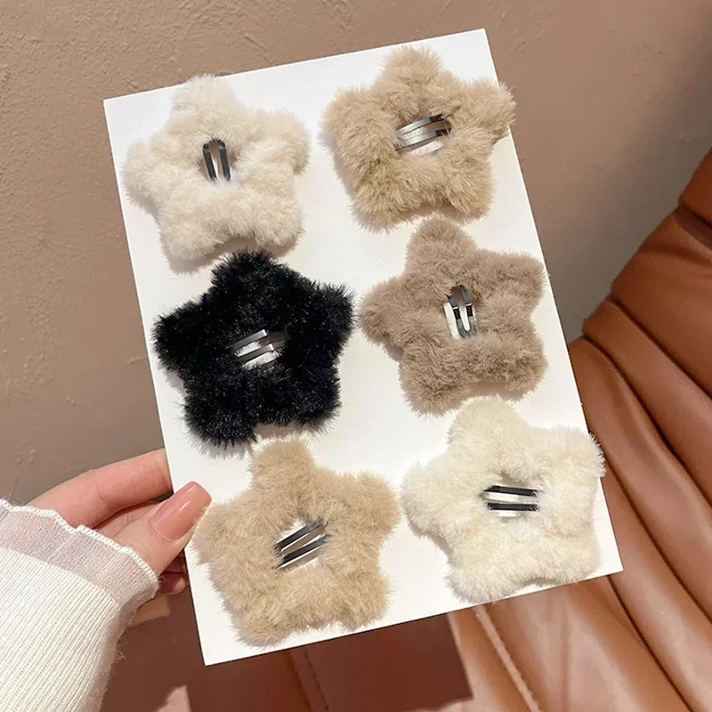 1/4pcs Y2K Girls Sweet Fluffy Star Hairpins Children Kids Faux Fur Bobby Pin Solid Color Pentagram Hair Clip Cute Side Hair Grip