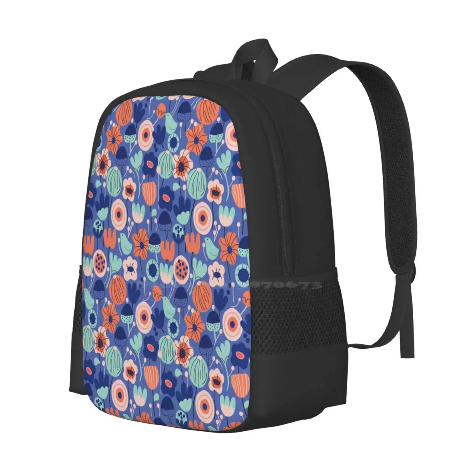 Blue Garden Hot Sale Schoolbag Backpack Fashion Bags Flowers Colours Garden Pattern Beautiful Bird Plants Nature Spring