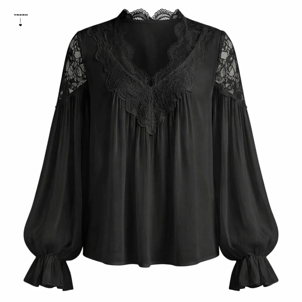 

Elegant Shirt Lace Splicing Tops Solid Color Breathable V Neck Sheath Tees French Style Comfortable Lantern Sleeves Blouse Lady