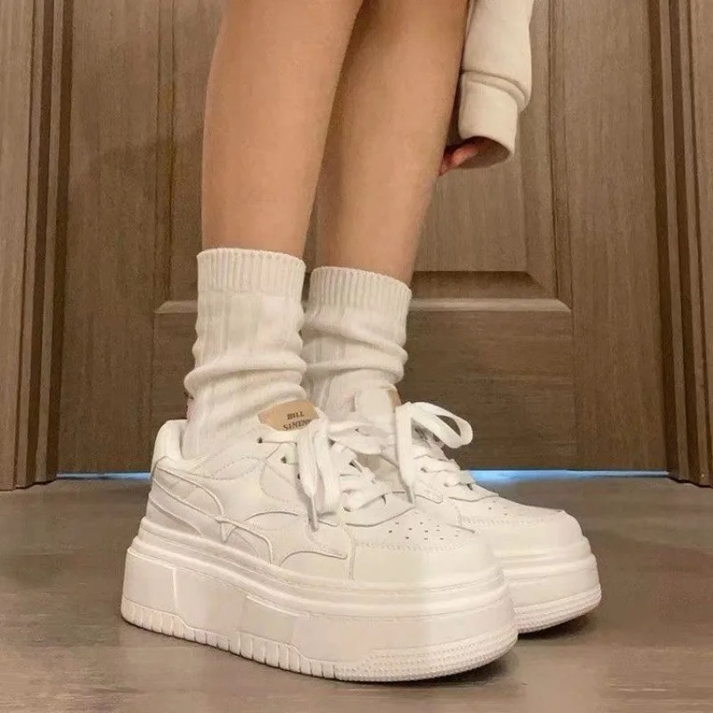 White White Platform Sneakers,Chunky Thick Sole Lace-Up Height Increasing Casual Shoes,Round Toe Student Style Daily Skate Shoes - Aliexpress Deal