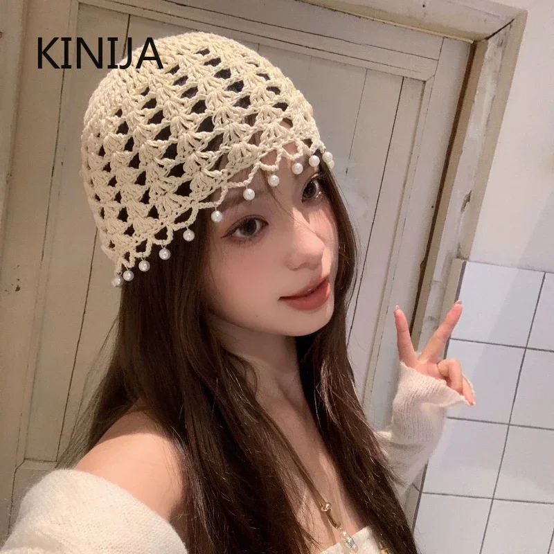 الكورية الرجعية اللؤلؤ شرابة الجوف بيني Cpa للنساء الصيف السفر تنفس تنوعا الجنية نمط البلوز القبعات الملحقات #2