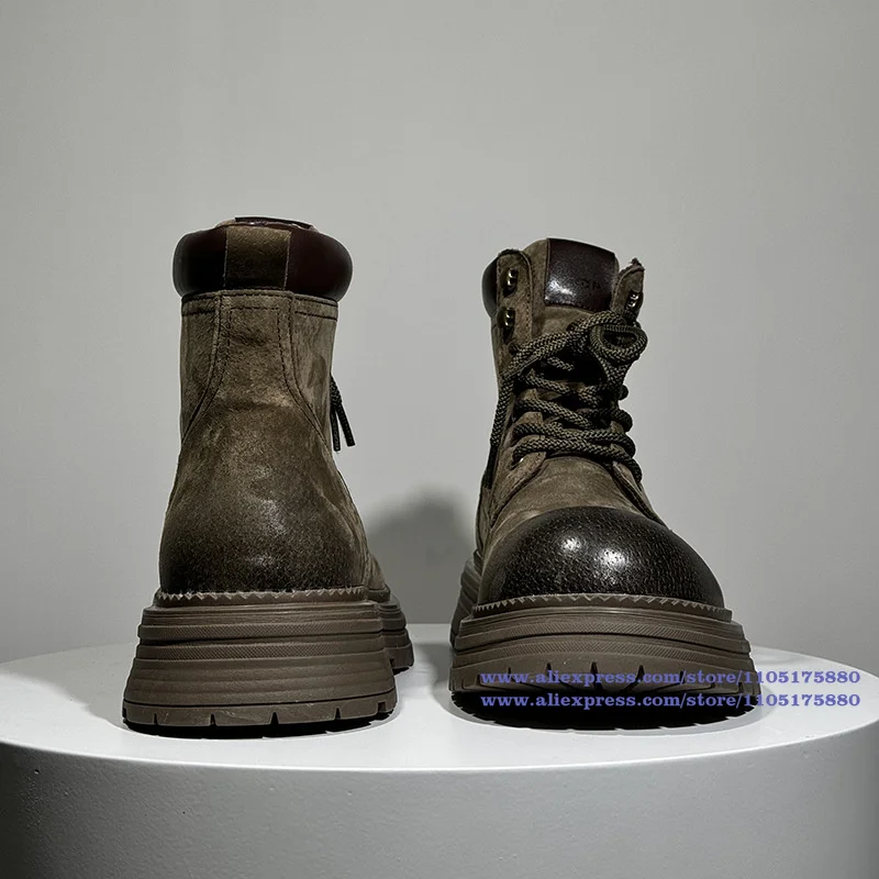 Thick Soles Height Increasing Motorcycle Boots Big Round Toe Men's Boots Ankle Booties Luxury Designer Men's Shoes Botas Mujer
