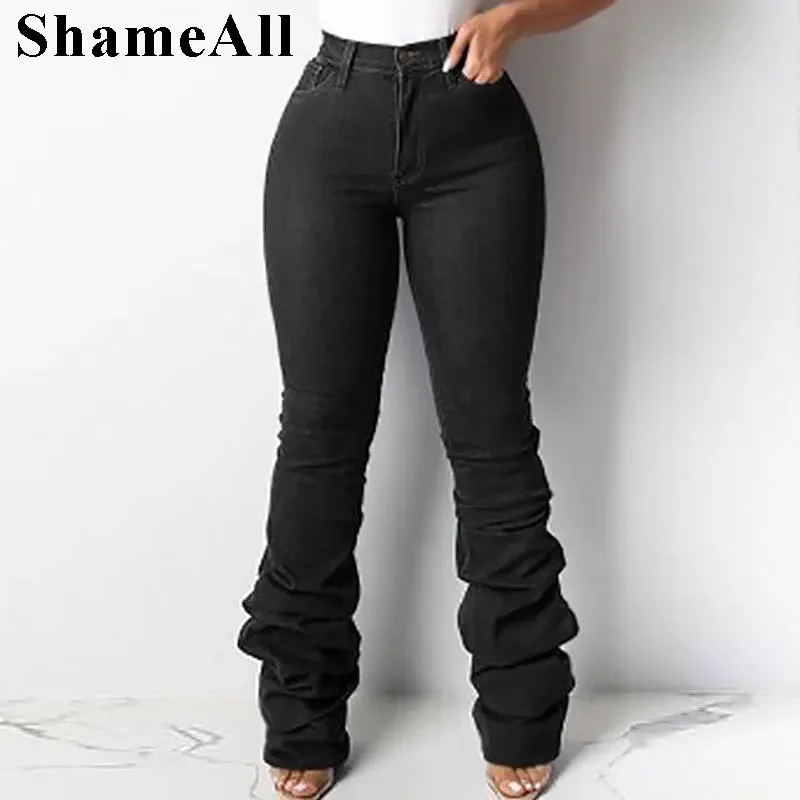 Plus Size Europe Style Stacked Flare Jeans Mom 3xl Streetwear Sexy Slim Fit Trendy Bell-bottom Denim Pants Vintage Trousers