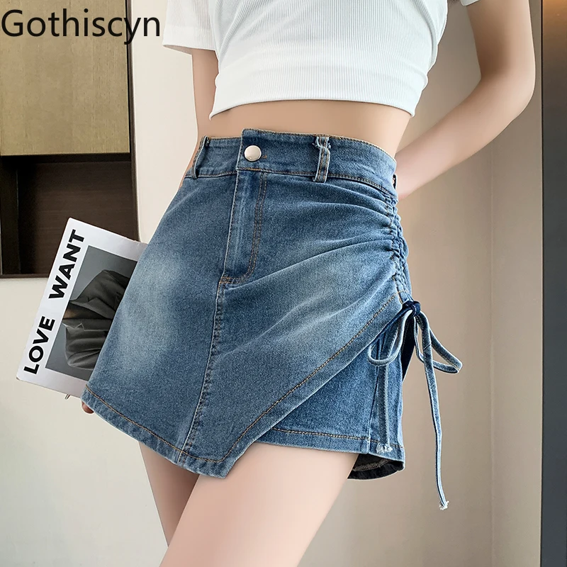 

Gothiscyn эластичная джинсовая юбка, шорты, летние женские летние брюки-кюлоты с высокой талией, нерегулярные трапециевидные брюки с запахом на бедрах, модная женская одежда