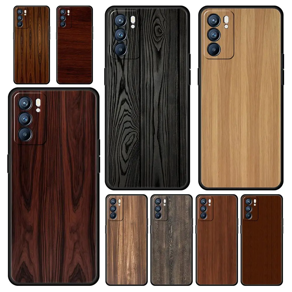 Carved Wood Phone Case For Oppo A54 A53 A52 A9 2020 A15 A95 A16 A76 A74 A12 Find X5 Reno7 SE Reno6 Pro Plus 5G Soft Black Cover