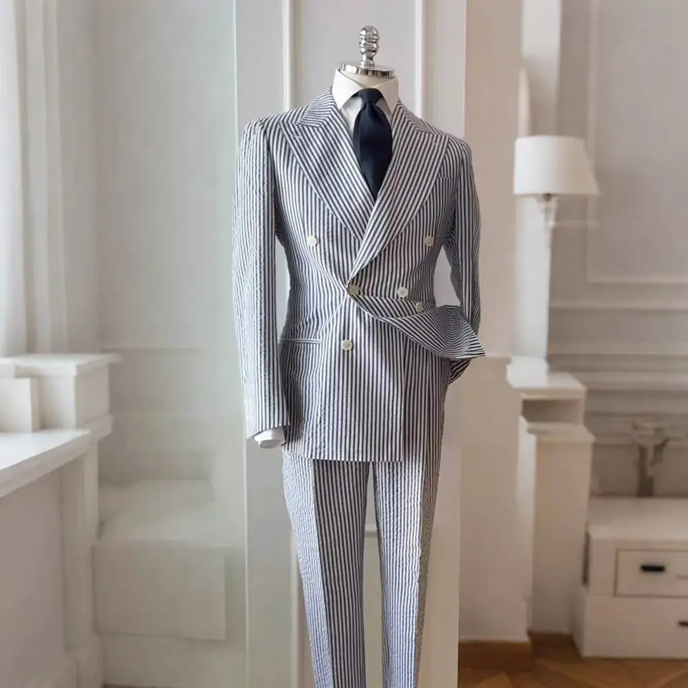 Classic 2 Piece Suit Summer Men's Navy Blue White Stripe Seersucker Double Breasted Casual Set Beach Wedding Outfit Customized