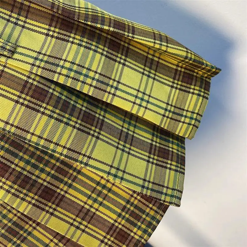 Short skirt plaid half body  women summer outfit belt new high waist slimming A-line pleated  yellow plaid skirt