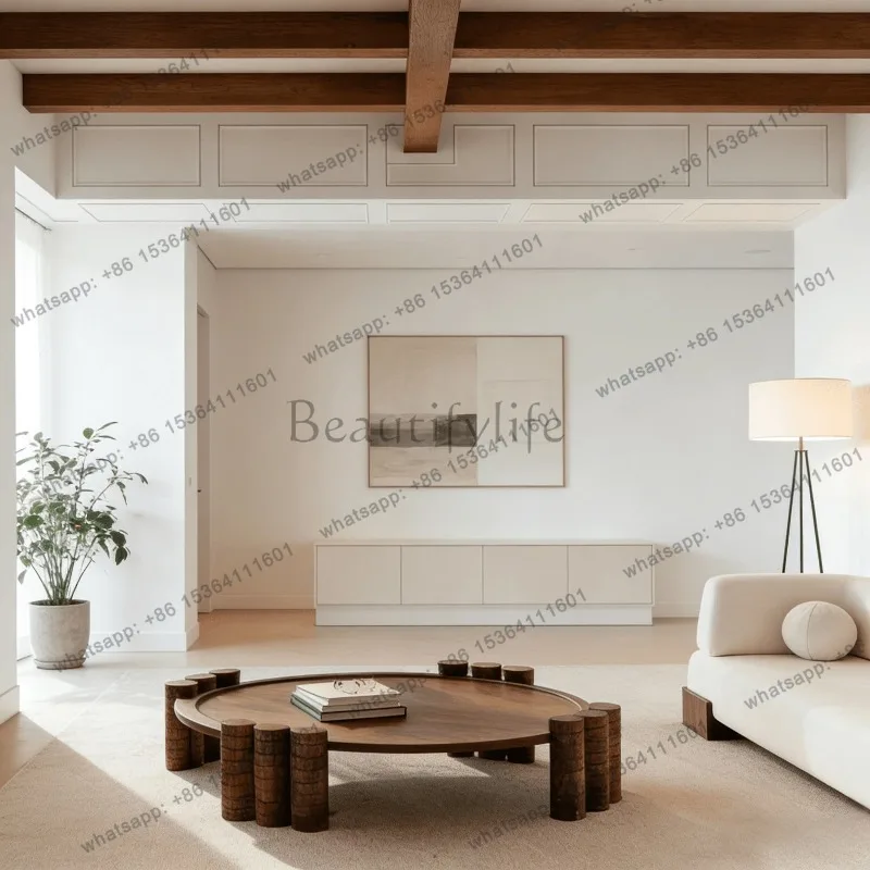 YJ Wabi Sabi Round Solid Wood Coffee Table Log Pillar Base Low Tea Table Retro Natural Wooden Center Table For Living Room