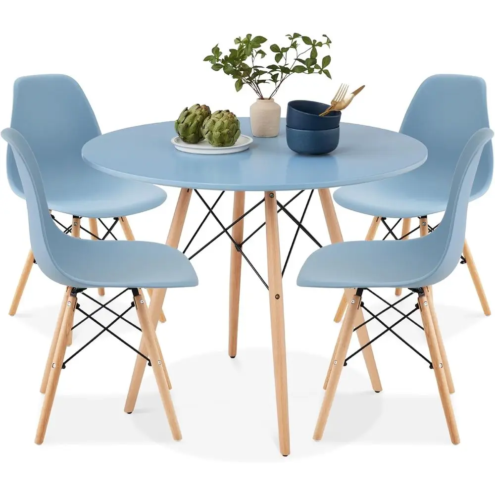 

Compact Mid-Century Modern Table & Chair Set for Home, Apartment w/ 4 Chairs, Plastic Seats, Wooden Legs, Metal Frame - Blue/Oak