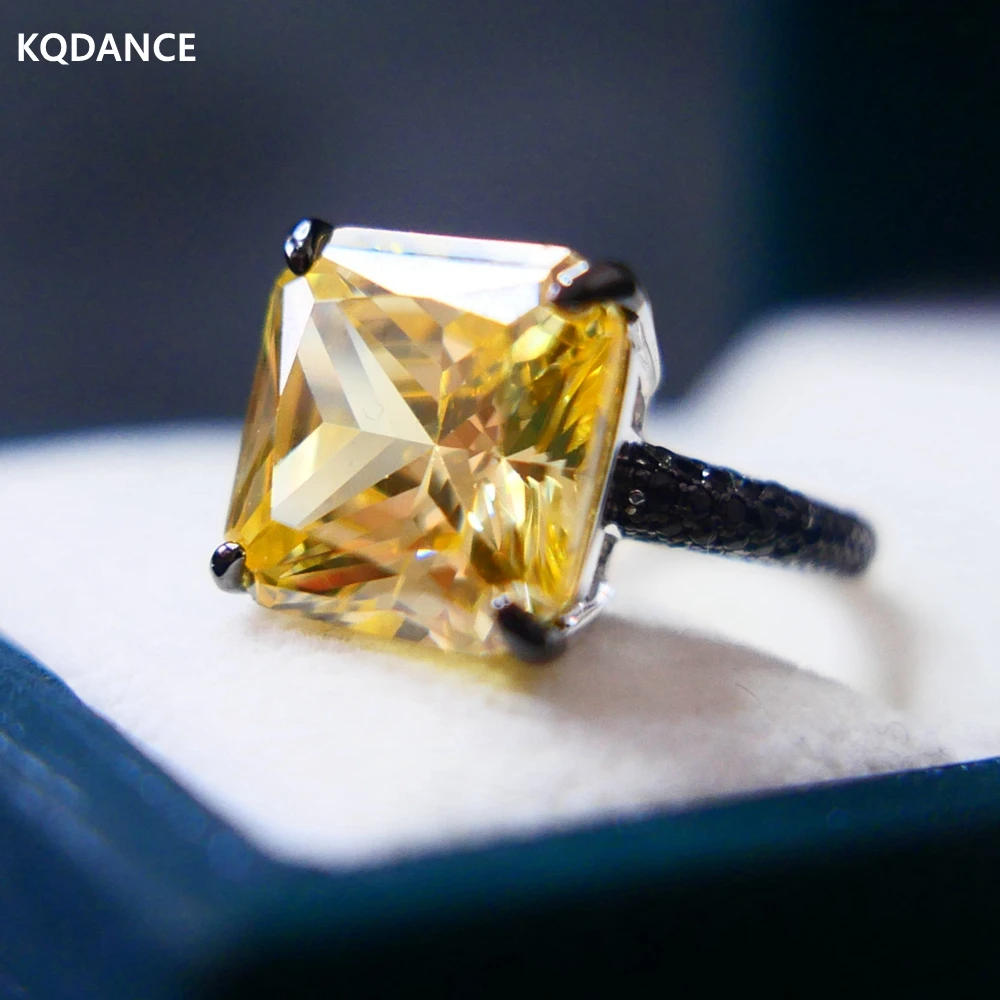 KQDANCE Luxury 925 sterling silver with 13*13mm Square Yellow High Carbon Diamonds Rings Black Stones Fine Jewelry For Women