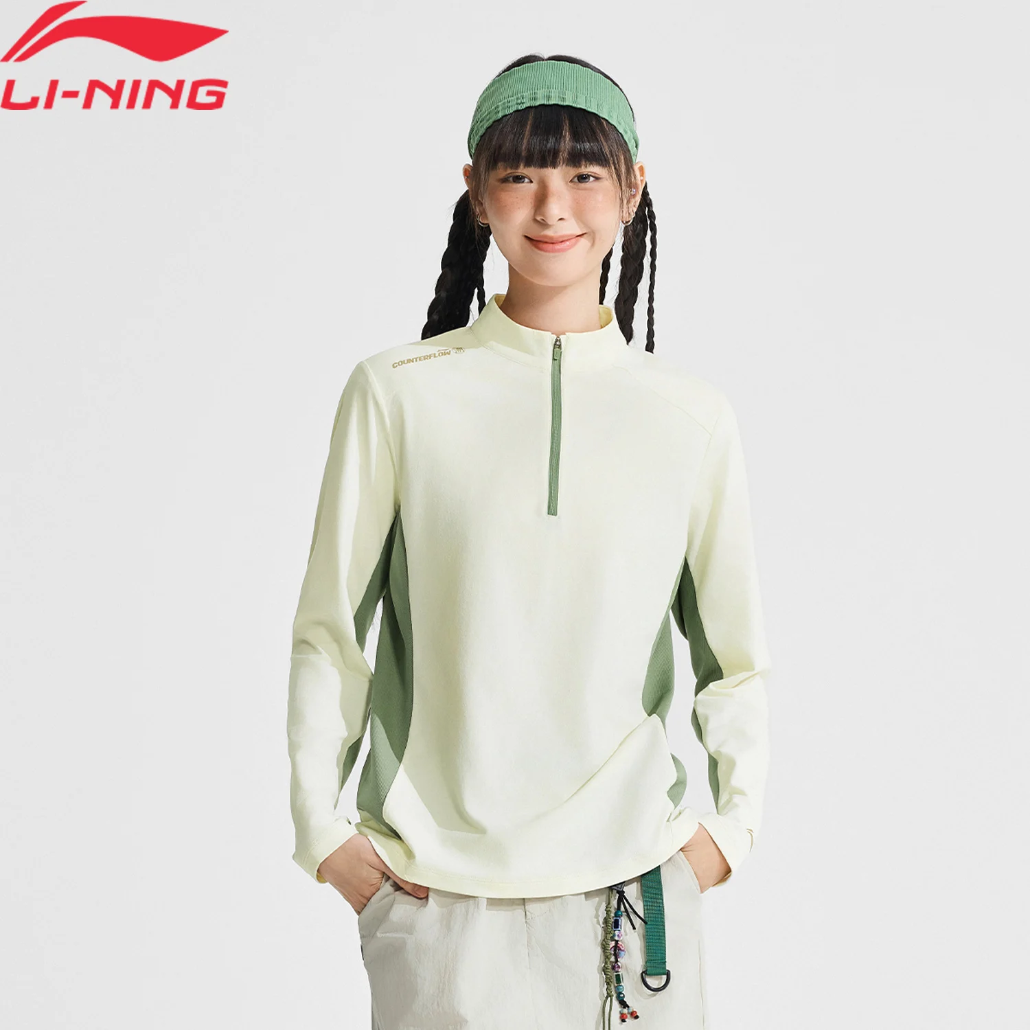 تي شيرت LI-Ning للسيدات للاستخدام الخارجي LN UV PROOF [UPF 50+] مقاس عادي من البوليستر LN ببطانة جافة وأكمام طويلة تي شيرت ATLV208