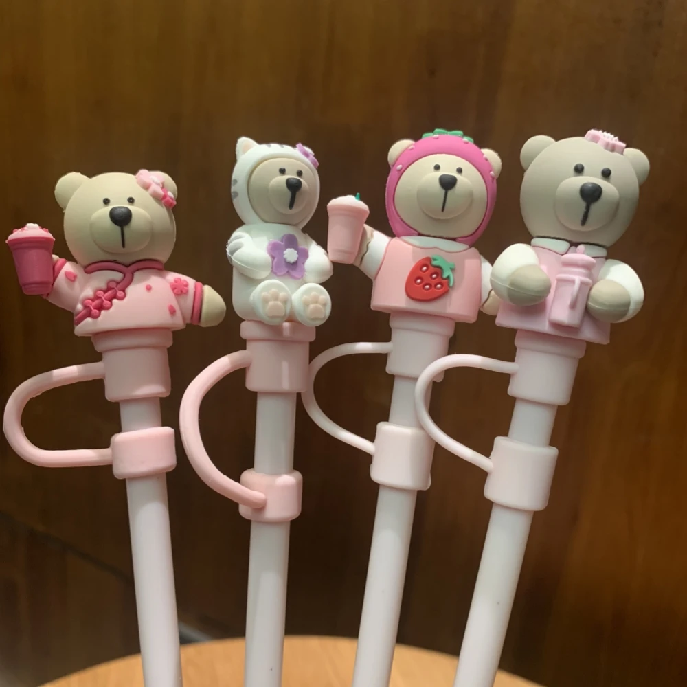 Cute Bear Straw Cover Pink Dust Cap Silicone Straw Toppers  Tumbler Cup Accessories For 7-8mm Straw