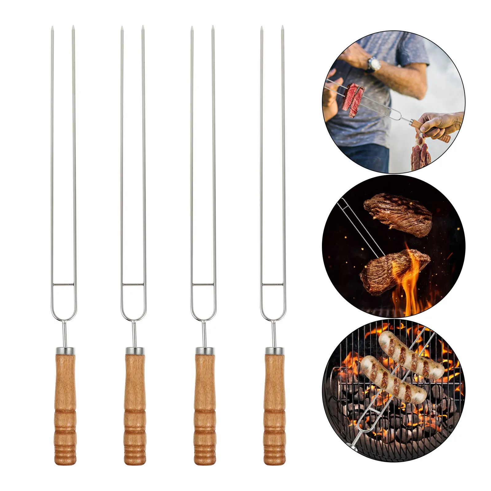 6Pcs Stainless Steel Barbecue Skewers Double Prong Non-Rust Roasting Sticks for Outdoor Bbq Camping Picnic Kitchen Fork Holder