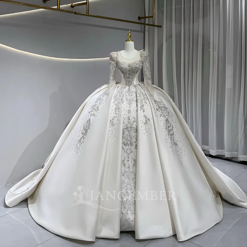 Customized O-Neck Sequin Long Sleeves White Wedding Dress Ball Gown Floor Length Court Train Lace Up Bridal Gown suknia ślubna