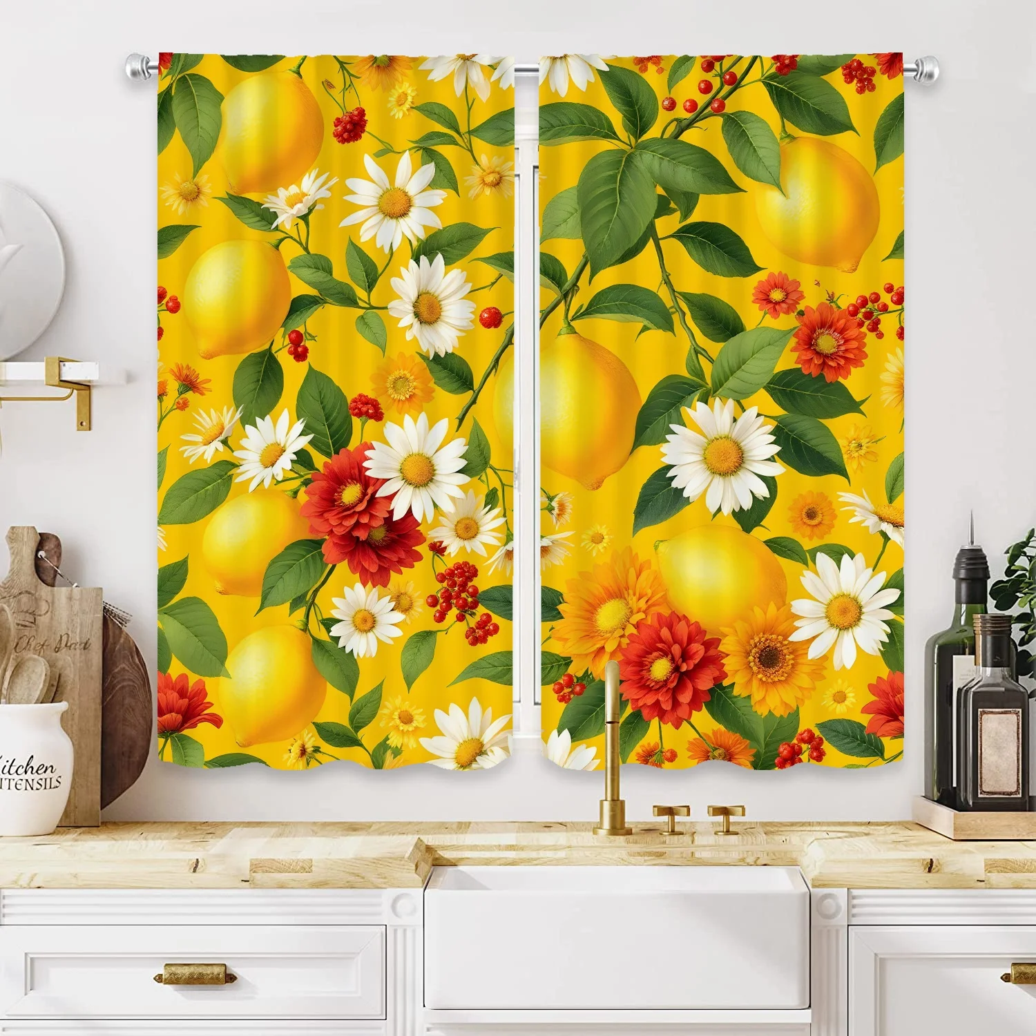 Open 2-Pack High-Definition Digital Curtain Print with Yellow Daisy and Red Berry Green Leaf Embellishments Basket Greenery