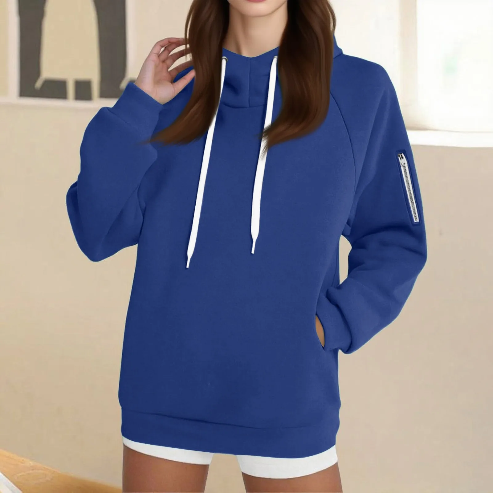 Sweater Hoodie Wanita Oversize Lengan Panjang Resleting Tali Serut Warna Solid Sudaderas De Mujer Pakaian Wanita 2025