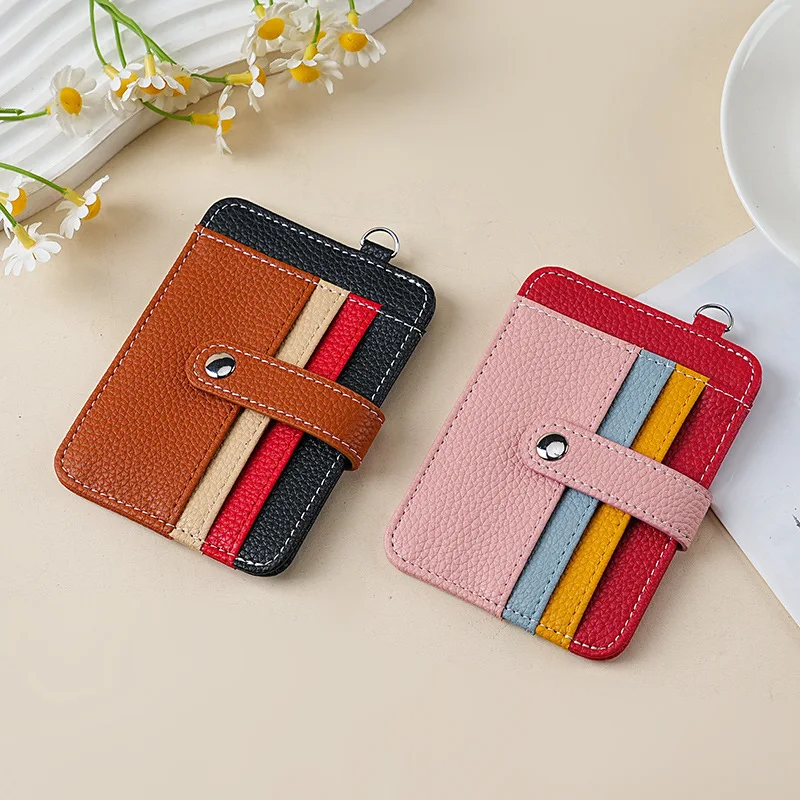 Fashion Women PU Leather Card Holder Snap Button Strap Mini Wallet Color Block Coin Purse Keyring Clutch Bag Ladies Case