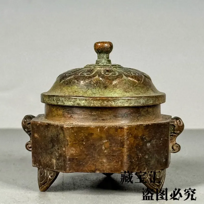 Old Collection Antique Qianlong Octagonal Double Beast Ear Bronze Incense Burner Censer Statue Wealth Attracting Home Decor