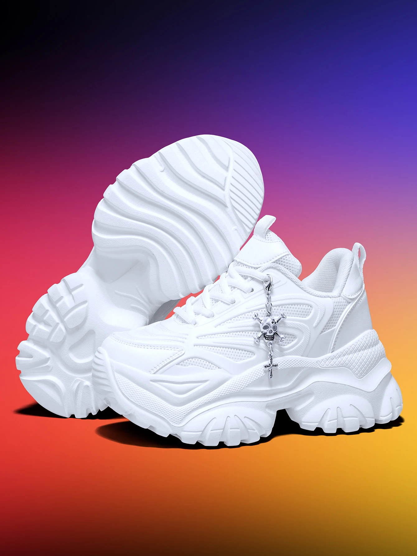 Women's Outdoor Four-Season Fashion Dad Shoes, EVA Lightweight Thick Sole, 7CM Height Increase, White Sneakers, Paired with Halloween Punk Style Detachable Silver Cross Skull Pendant, Versatile for Daily Commuting and Fitness view 5