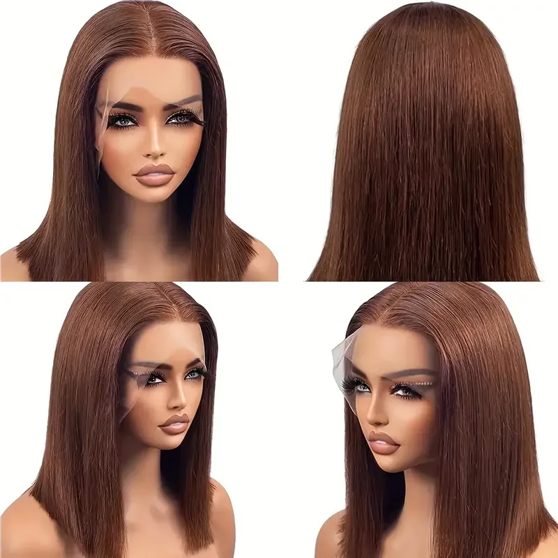 200 densityBrazilian Human Hair  Chocolate Brown Short Bob Bone Straight 13x4 HD Transparent Lace Front Human Hair Wig For Women image 3