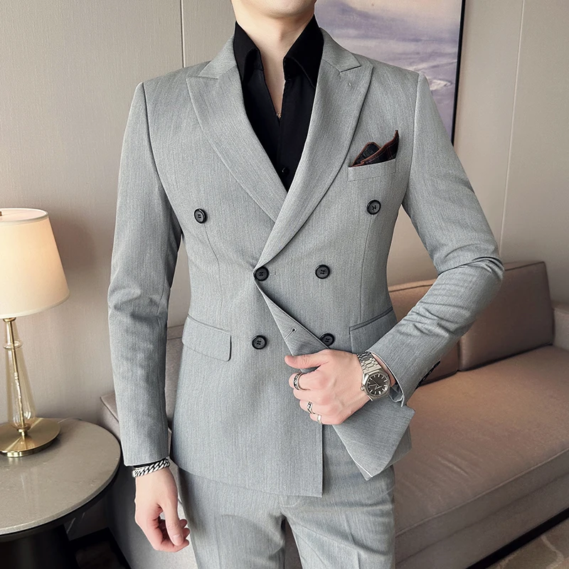 

Fashion New Men's Business Double Breasted Solid Color Suit Coat / Male Slim Wedding 2 Pieces Blazers Jacket Pants Trousers