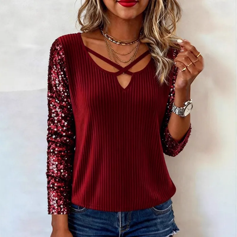 Women Fashion Sequin Patchwork Long Sleeve Top Hollow Out  Strap V Neck Ribbed Casual Party Blouse