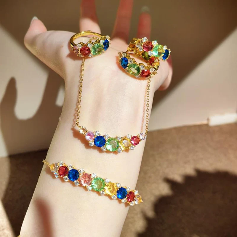 Gradient Necklace Fashion Inlaid Crystal Candy Bracelet Premium Double Sided Color Zircon Earrings Star River Ring for Women